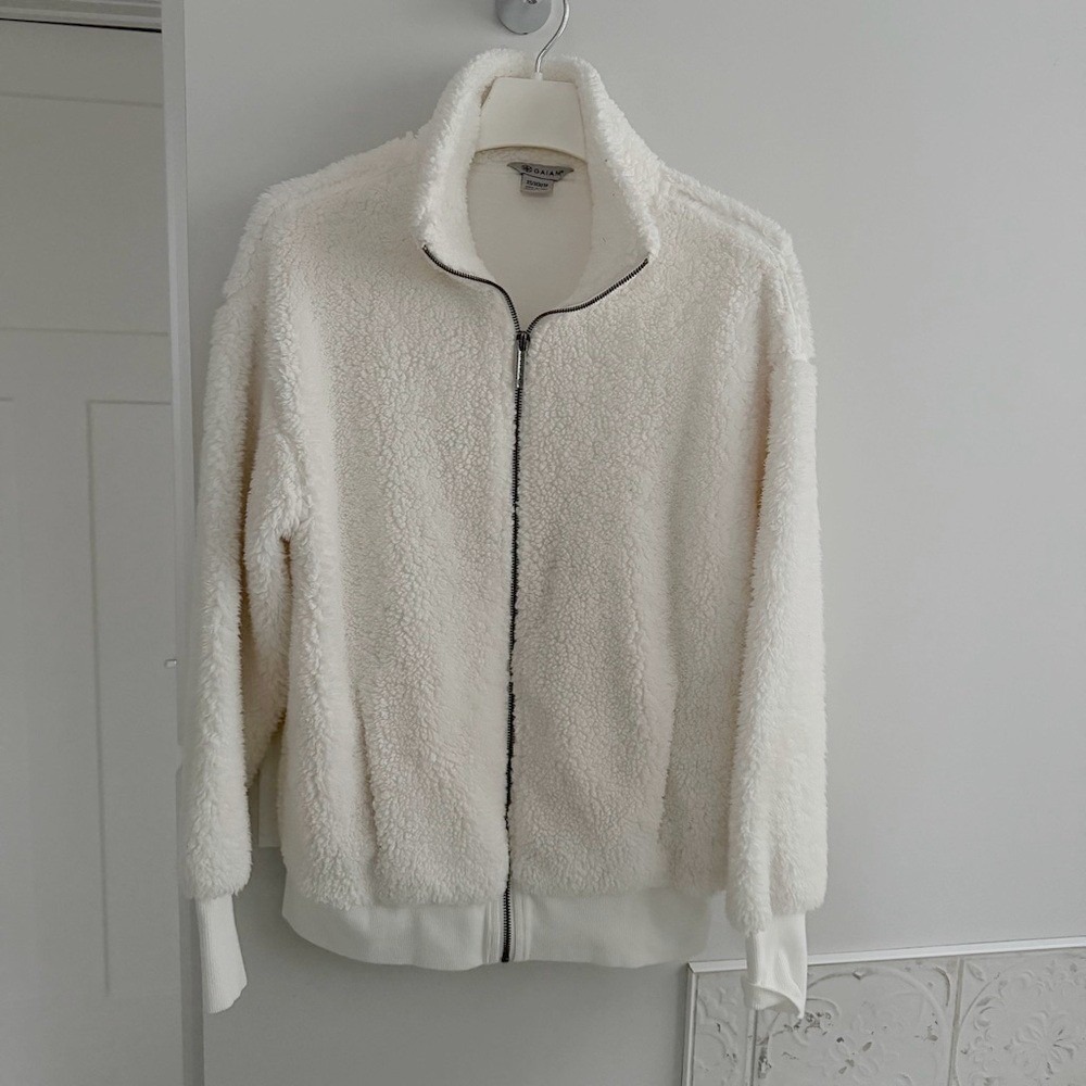 Gaiam Womens Ivory Sherpa Teddy Fleece Full Zip Jacket Cream XS Cozy Athleisure‎